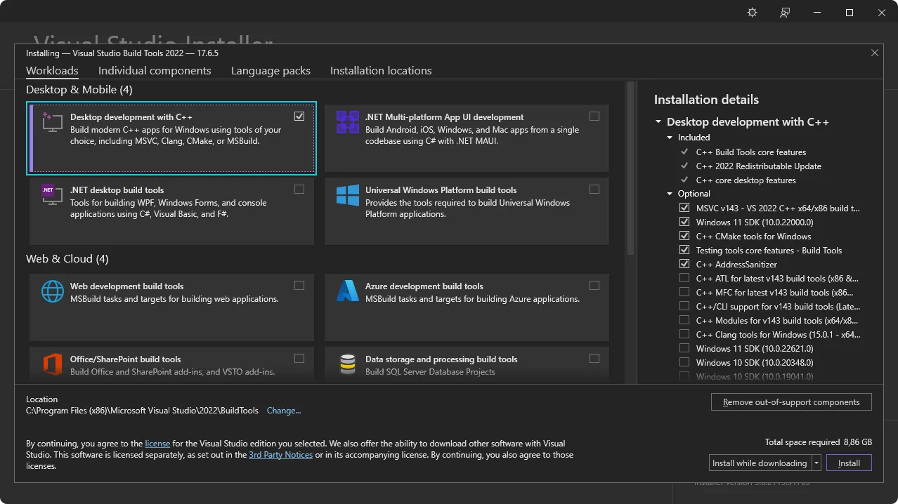 Captura de pantalla del instalador de Visual Studio C++ Build Tools